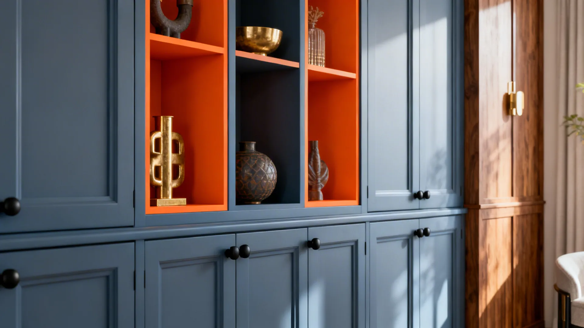 Blue-gray built-in cabinets with orange open shelving and mixed metal hardware