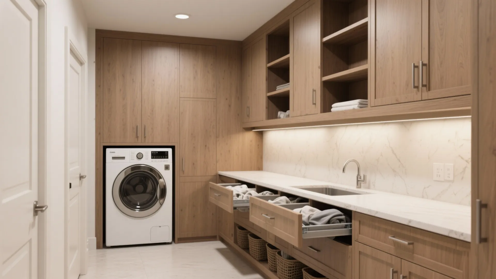 Modern laundry room with wooden cabinets white washing machine marble countertop sink and open drawers