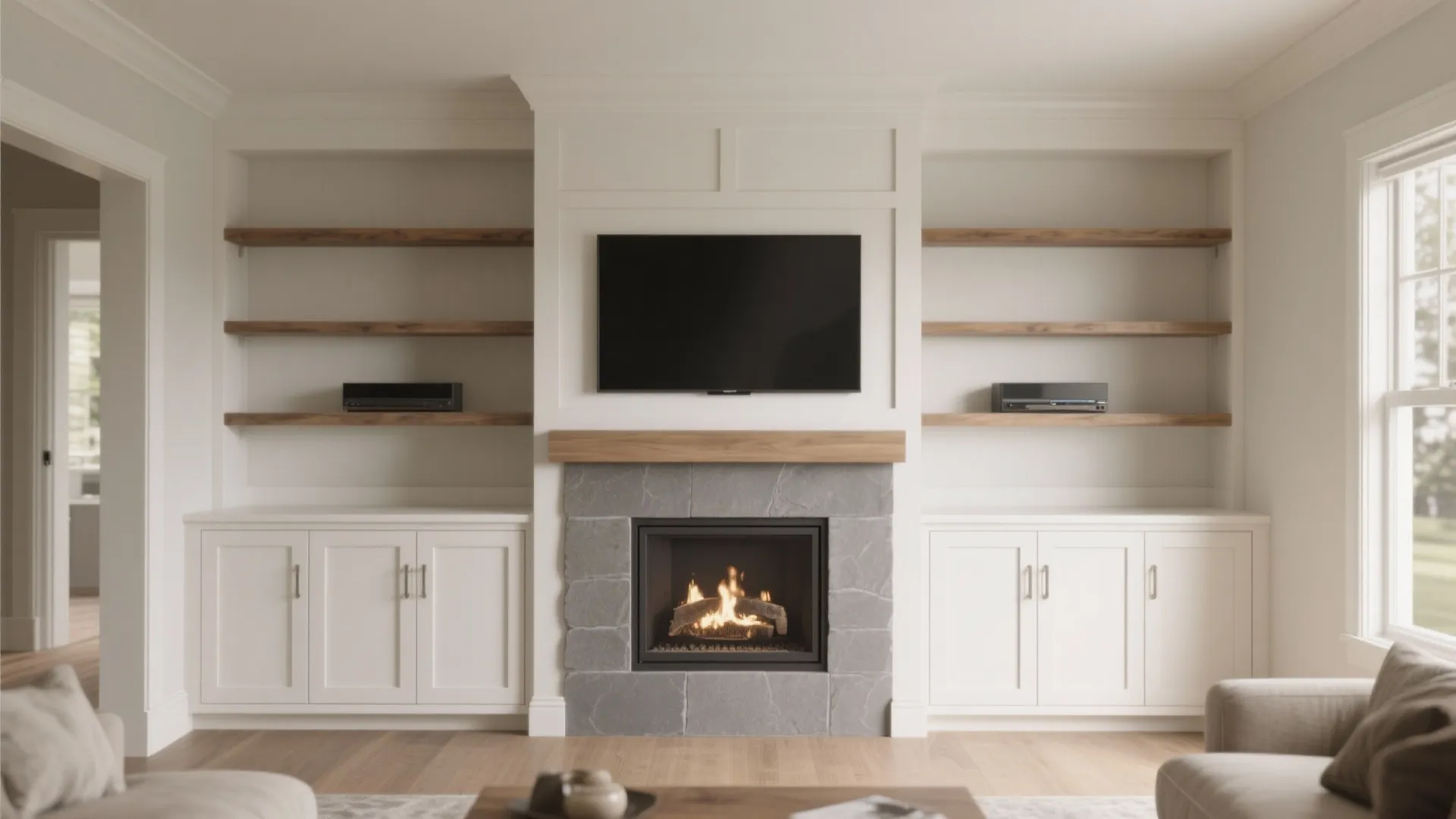 Symmetrical Built-ins: Fireplace and TV as One Focal Wall