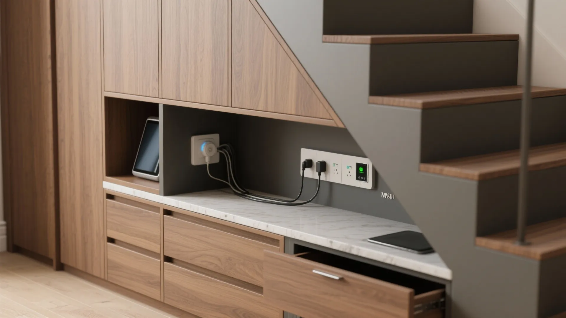 3. Built-ins with charging hub and hidden storage