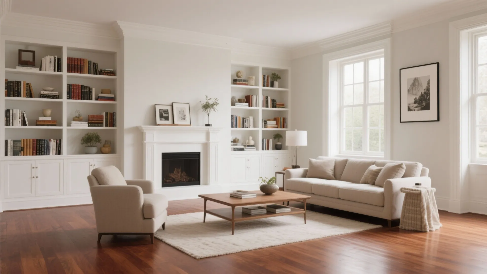 Bright living room with white wall shelves fireplace cream sofa coffee table and wood floor