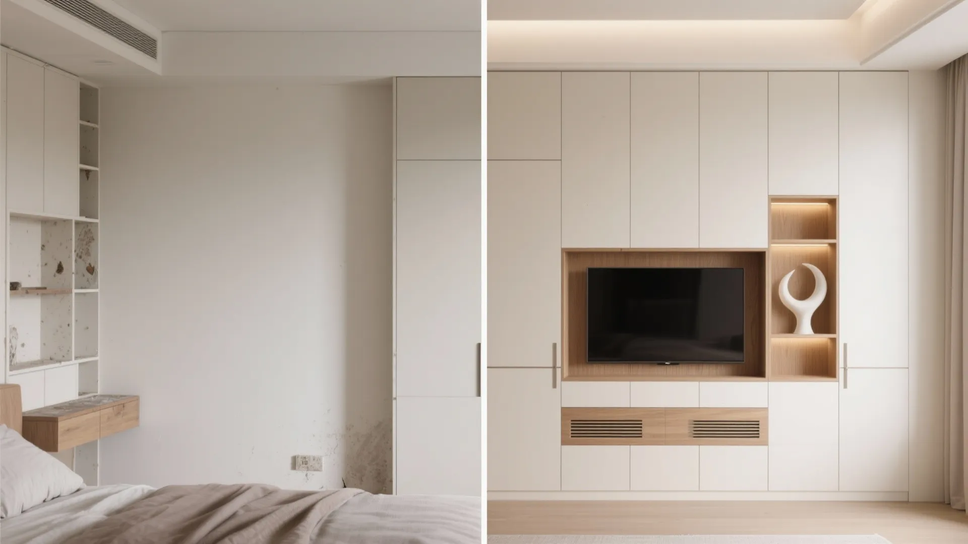 Before and after comparison showing messy wall versus clean white built-in cabinet with a TV