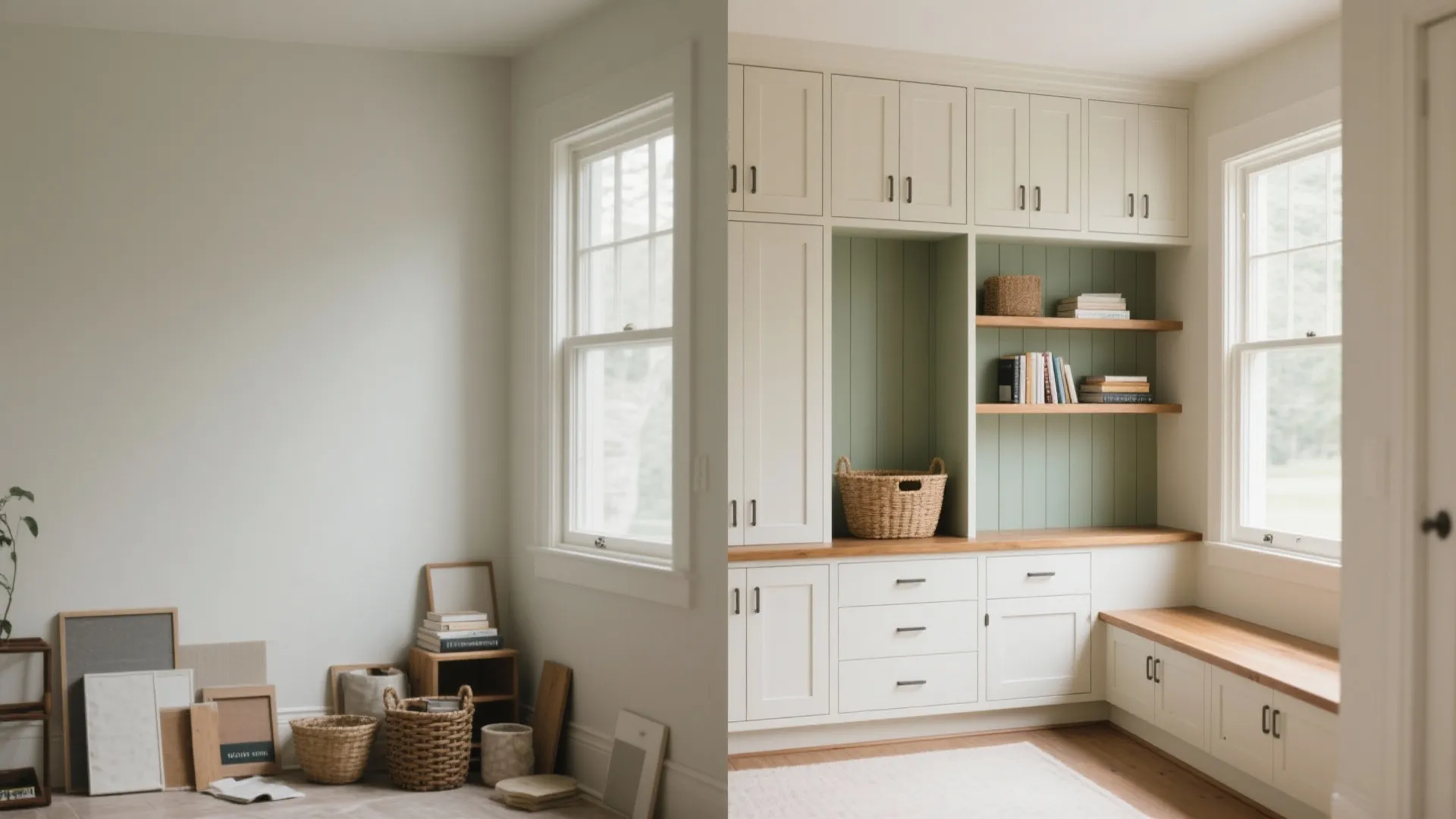 Before and after comparison of an empty room corner versus a custom white built-in cabinet