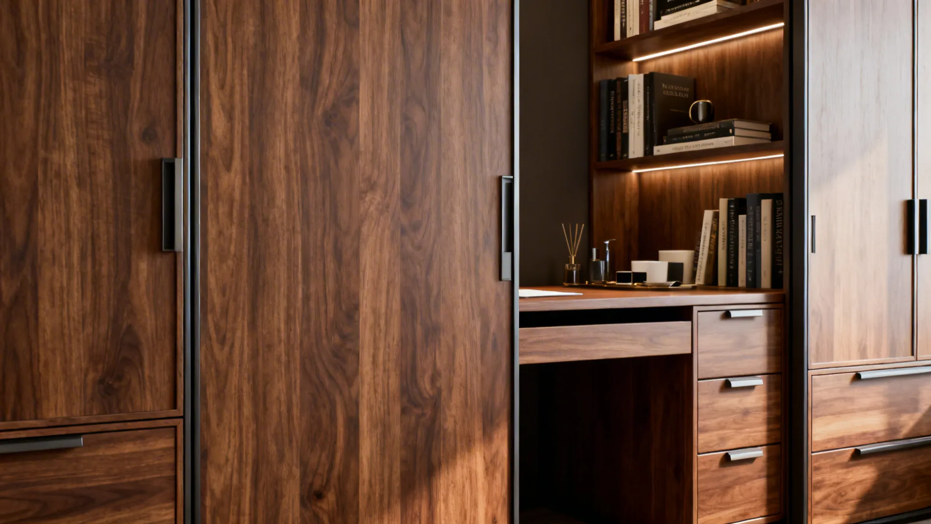 Dark wood cabinet with sliding doors opening to reveal a hidden desk with bookshelf lighting