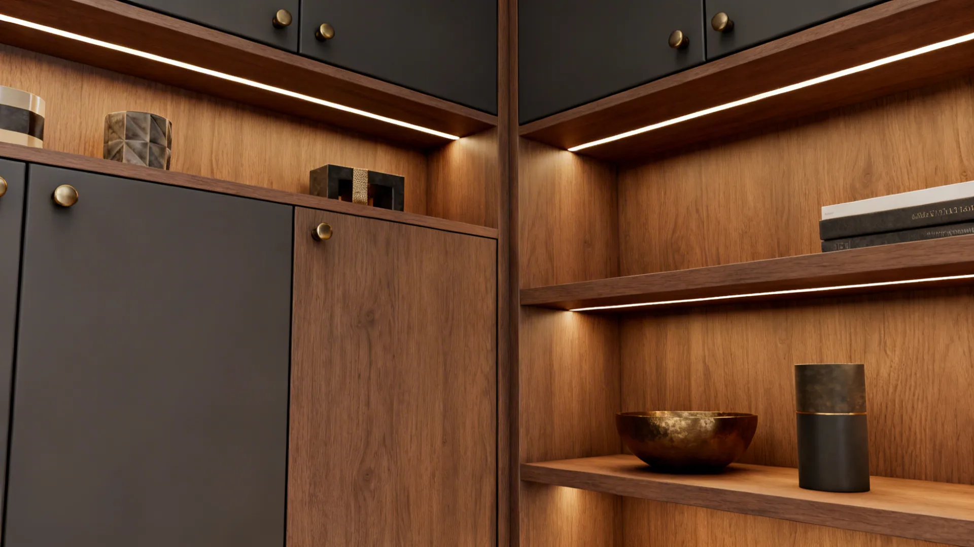 Custom built-in corner cabinetry and open shelving with integrated lighting and natural wood details.