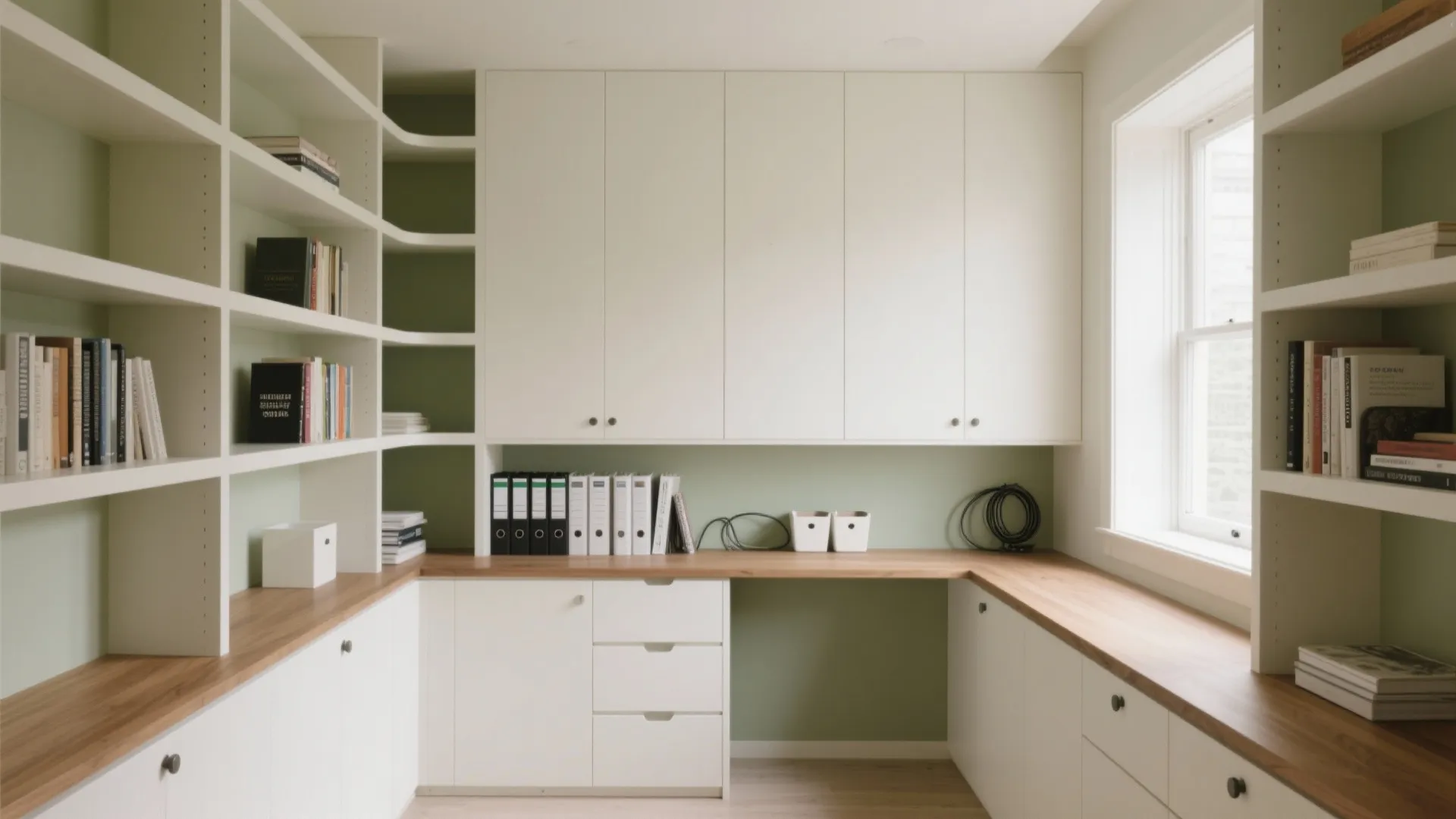 Built-in library walls that hug the desk