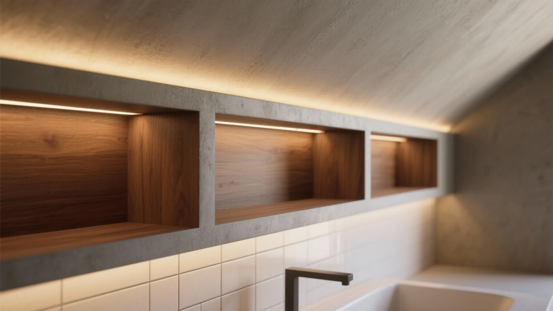 Modern built in wooden shelves with warm lighting above a white tiled kitchen sink area