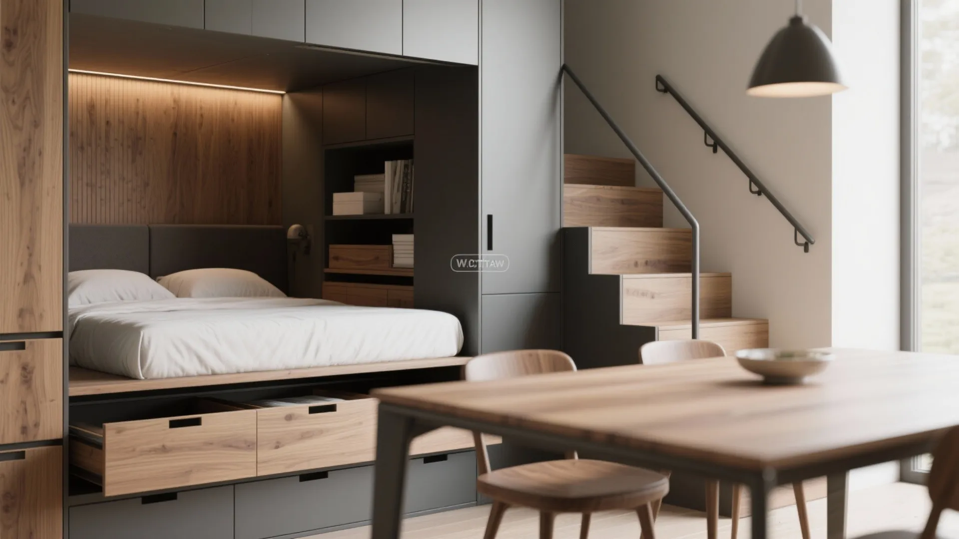 Close-up of fold-down table, storage bed drawers and integrated storage stairs in container home