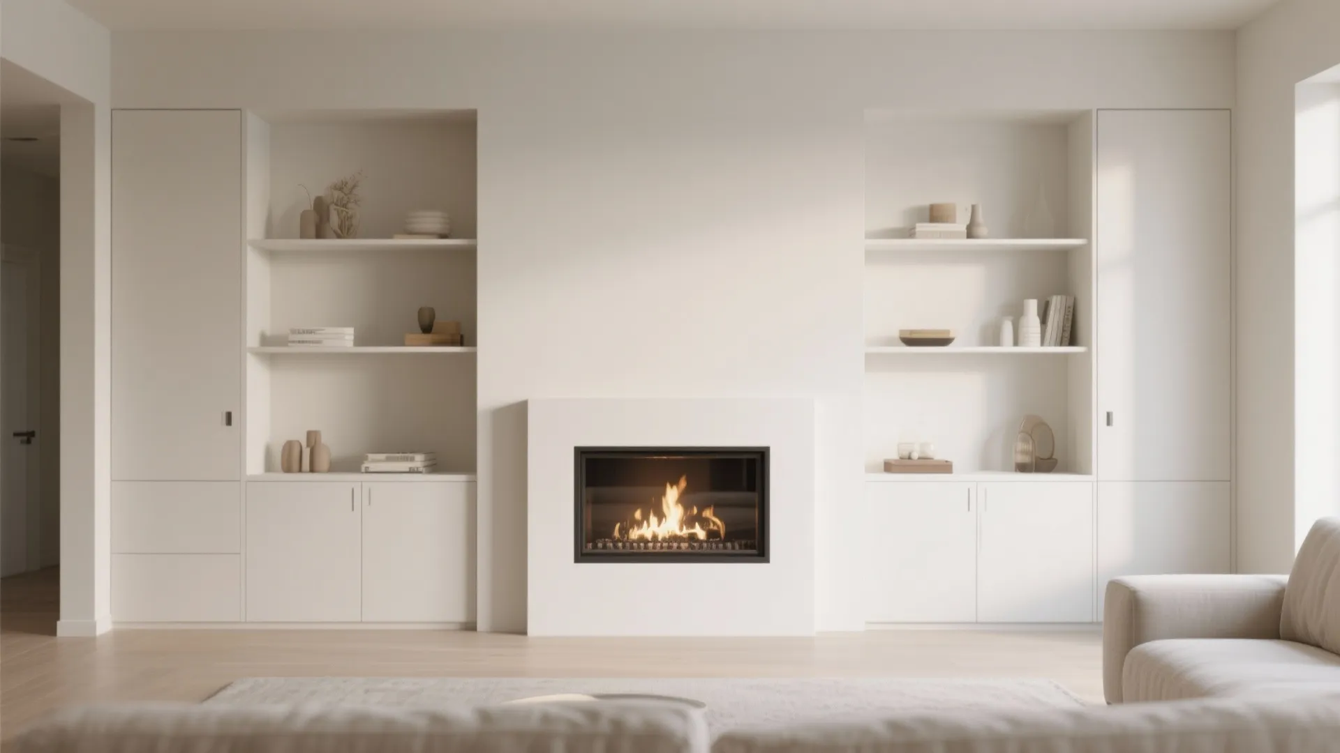 Modern white wall with built in shelves storage fireplace minimalist sofa and clean room layout
