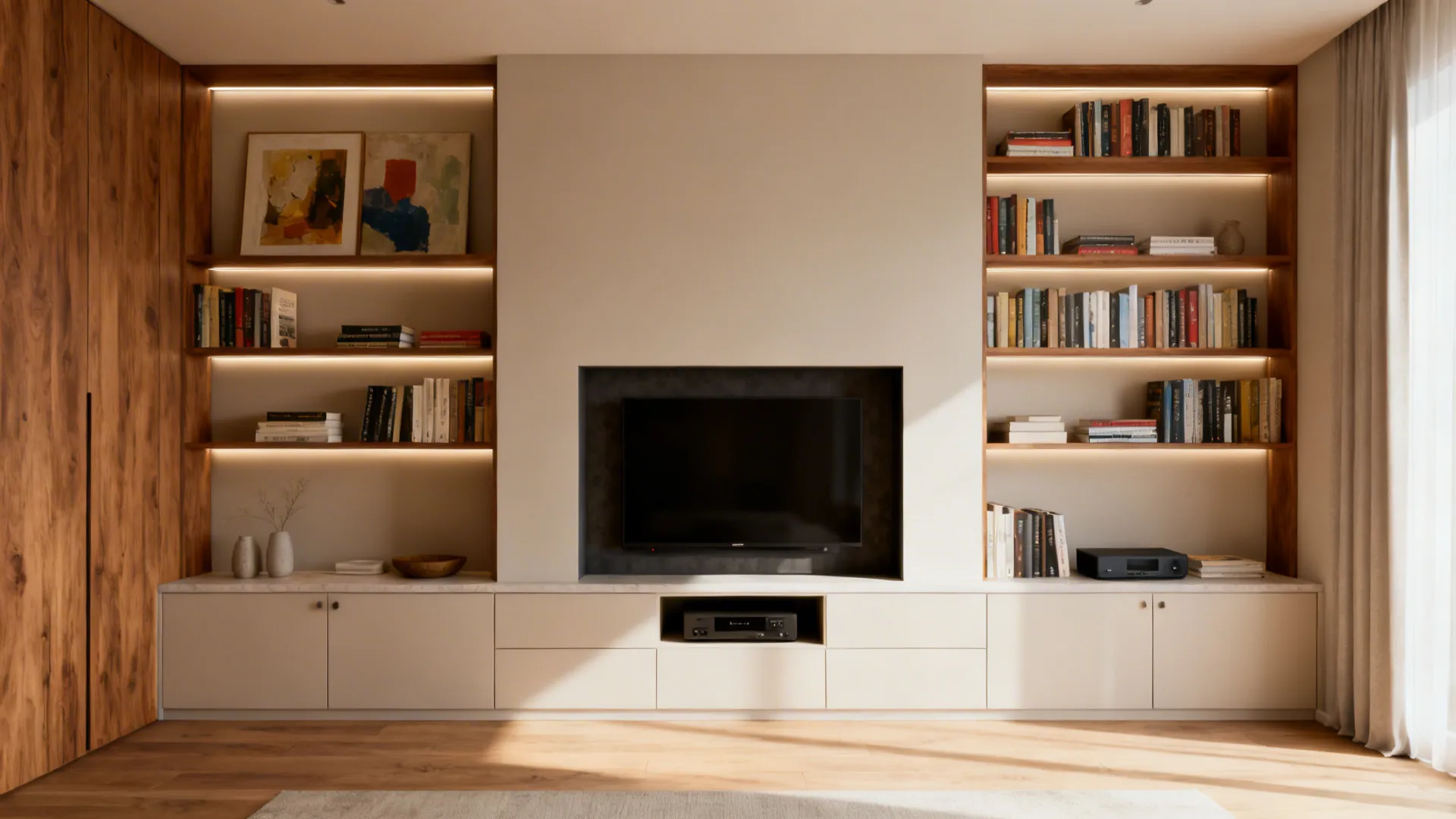 Fireplace wall with built-in open shelves and closed cabinets for storage and display.