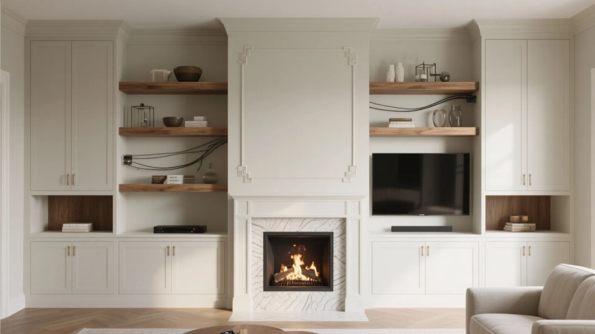 2. Use built-ins flanking the fireplace for storage and TV placement