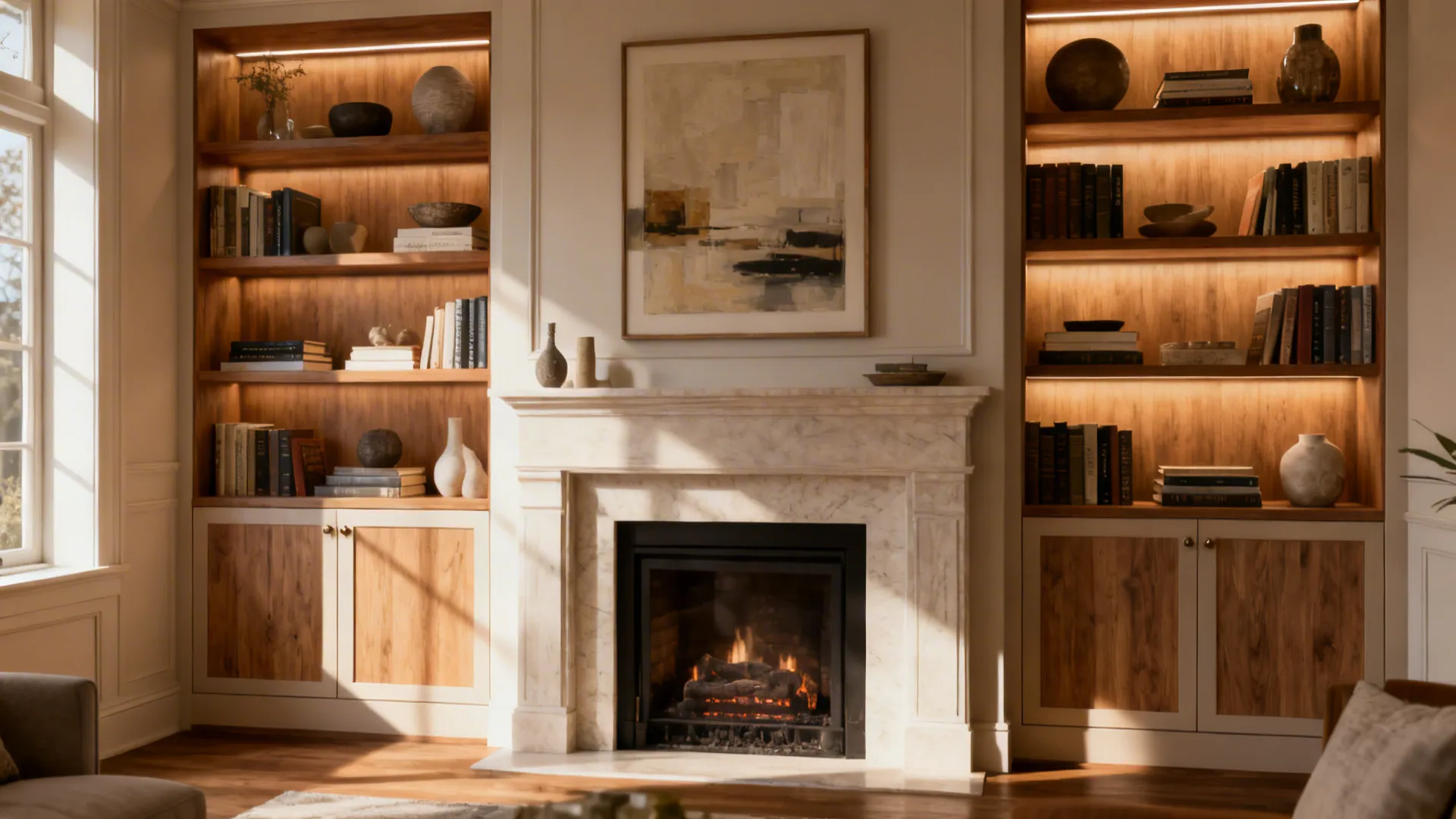 Interior design drawing of a marble fireplace flanked by wooden bookshelves with warm integrated lighting