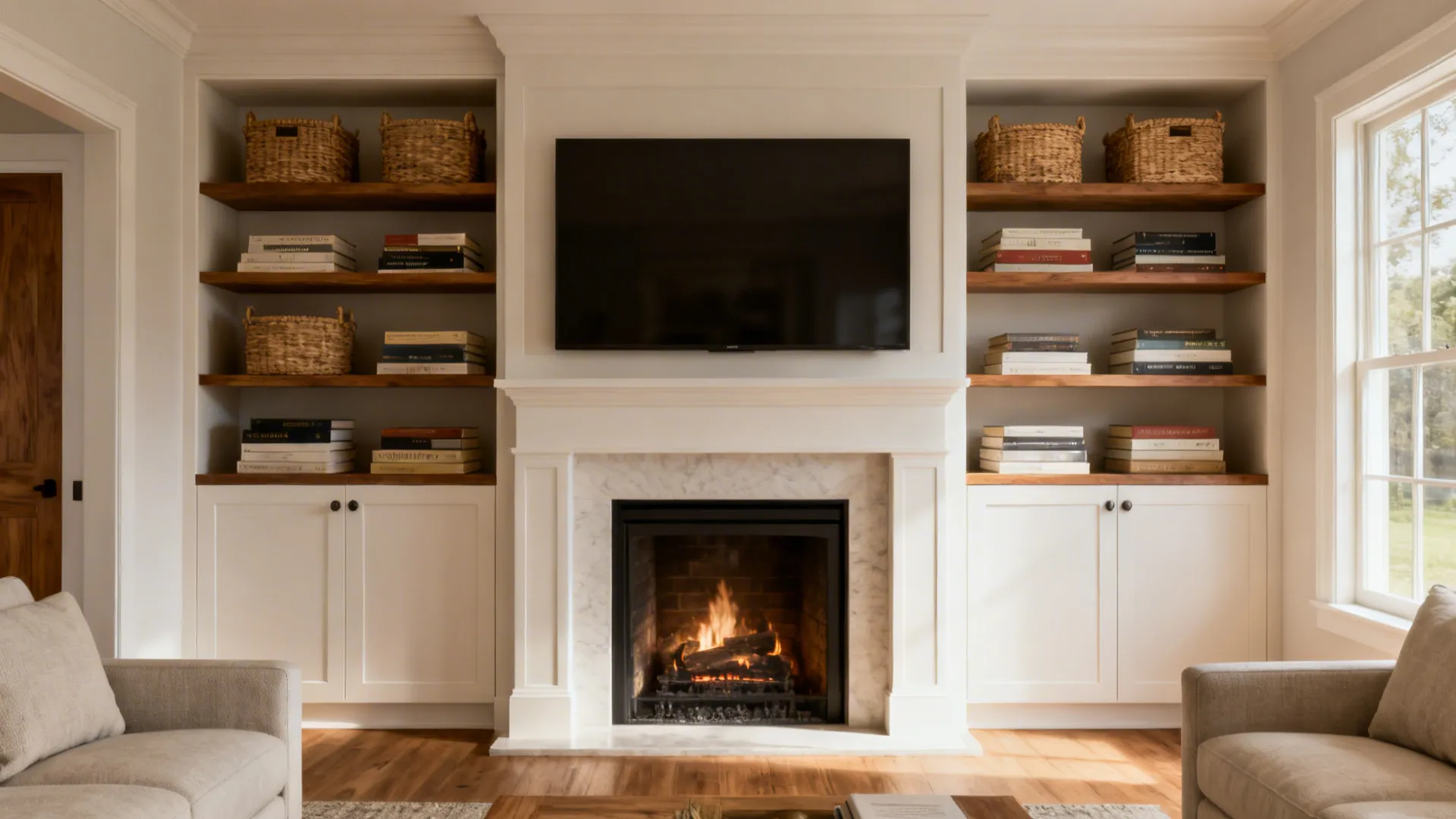 Living room fireplace with wall cabinets and wood shelves holding books and baskets under television