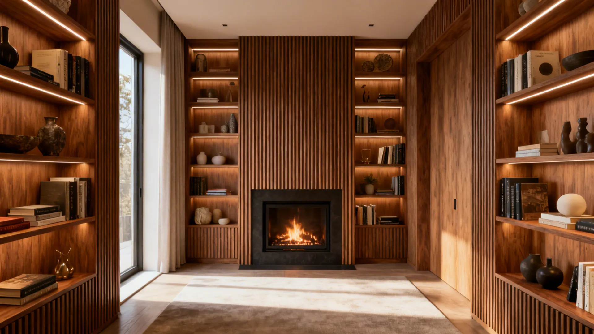 Wooden wall panels with bookshelves flanking a central fireplace in a cozy modern living room