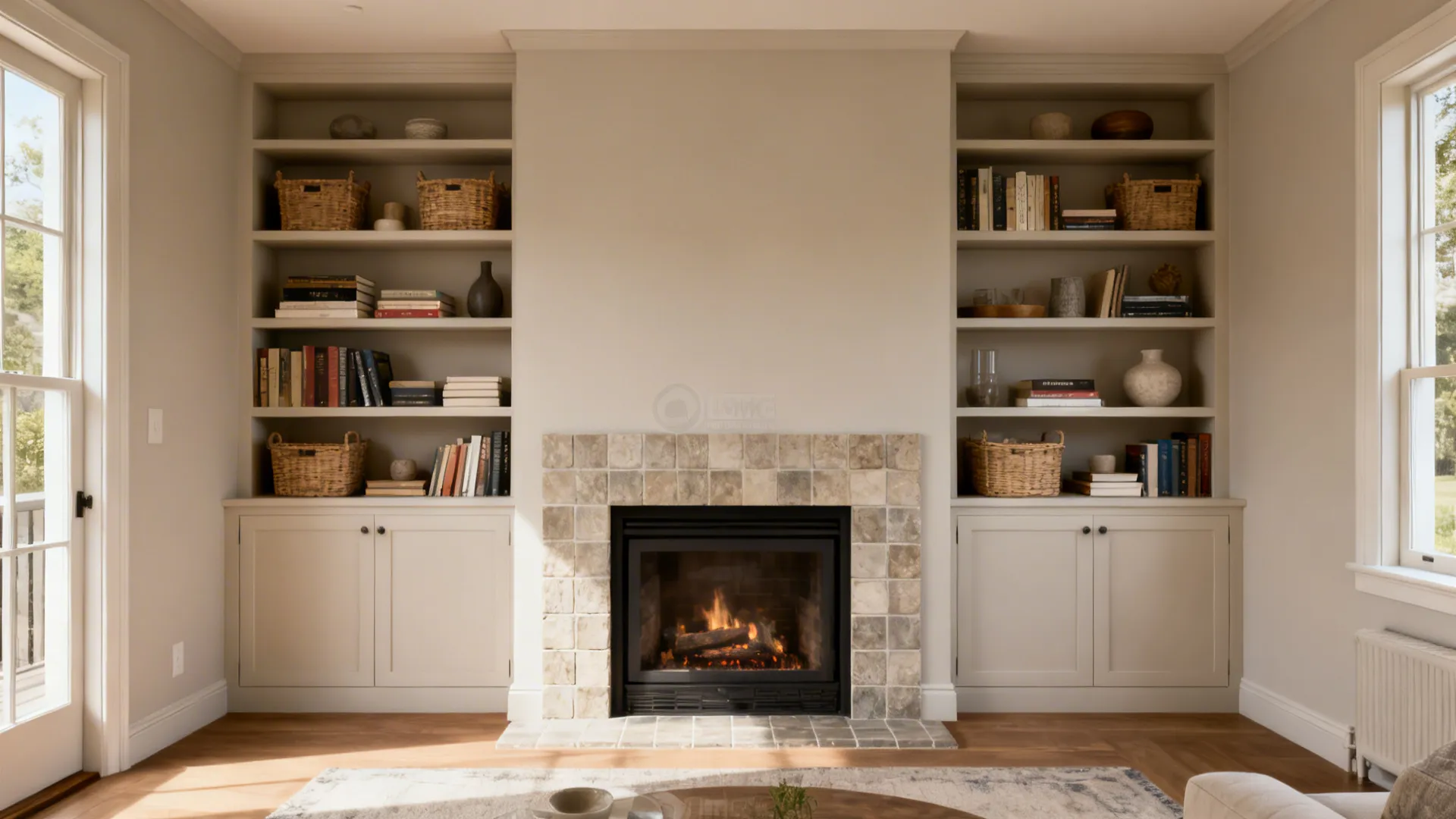 Small living room with built-in shelving flanking the fireplace painted the same color as the wall.