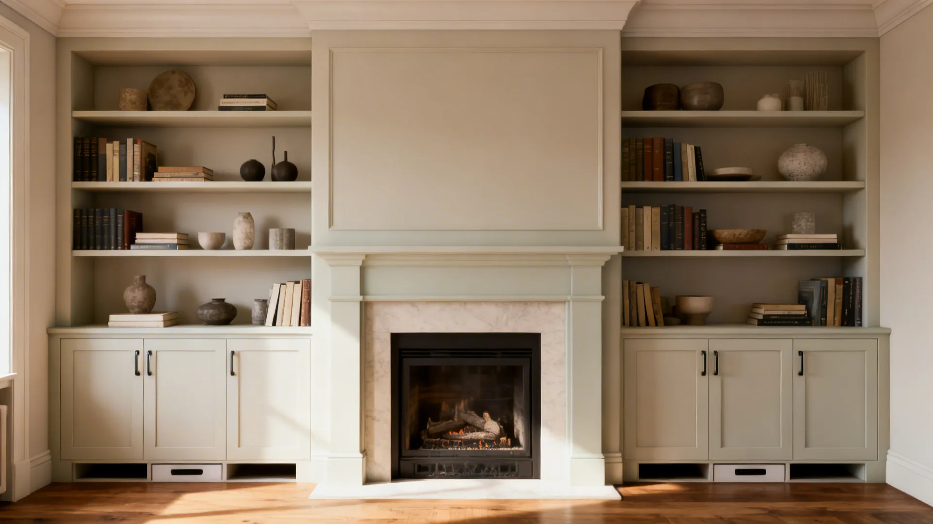 Built-in shelving and closed cabinets flanking a fireplace in a small living room