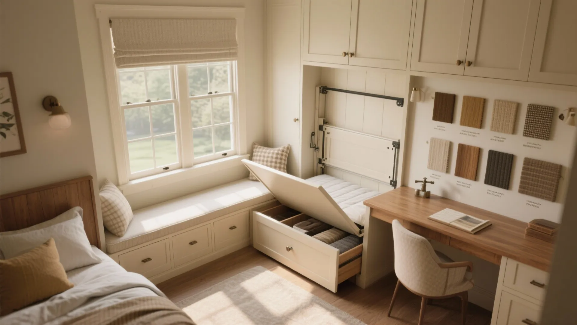 Small bedroom featuring a storage bed with drawers beside a window seat and wooden desk