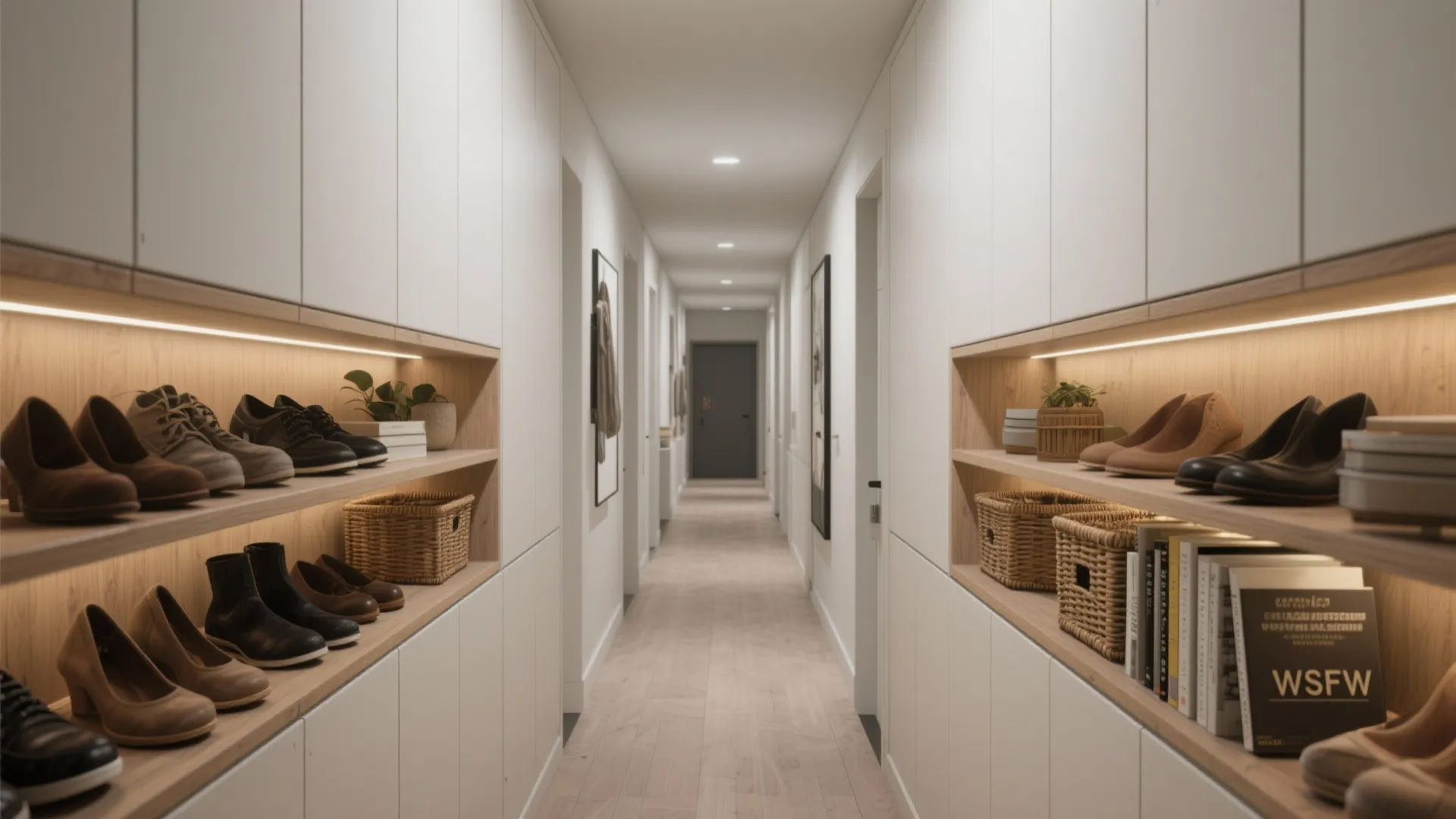 Recessed built-in cabinetry in a hallway with adjustable shelving and organized storage.