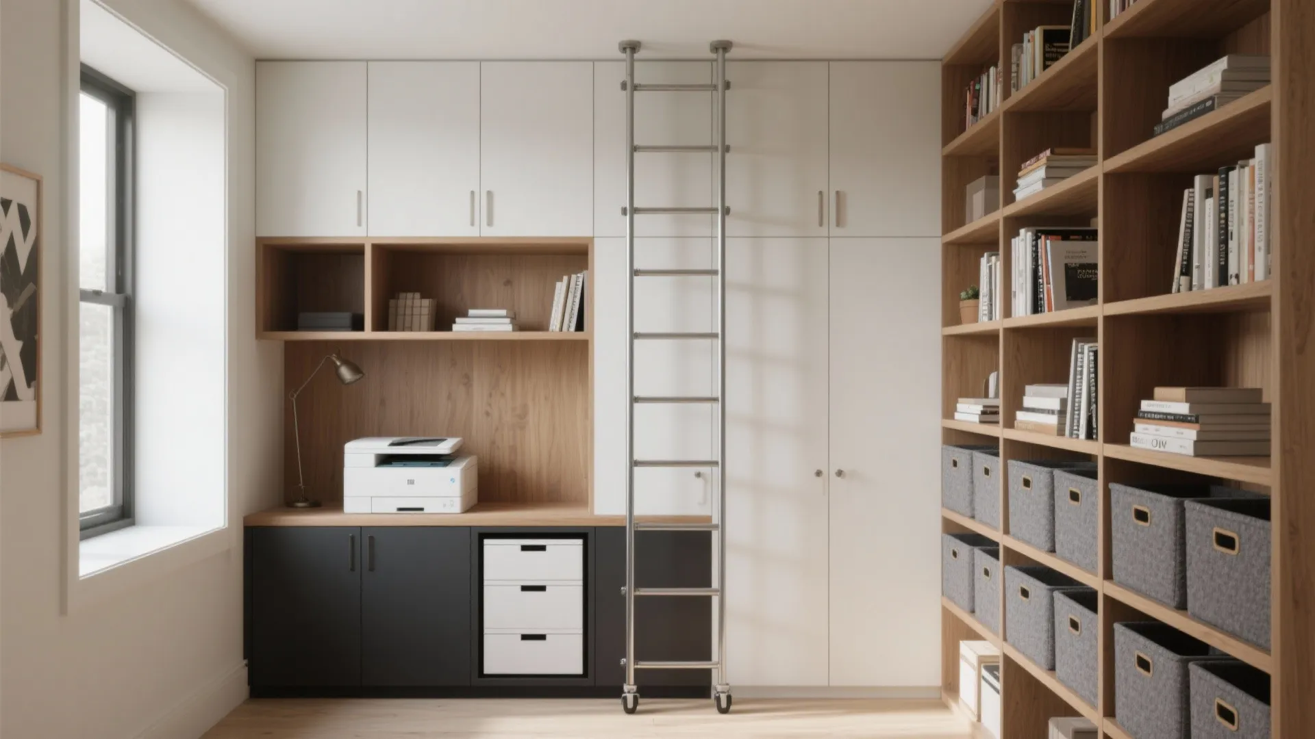 Home office with white cabinets wooden shelves rolling metal ladder printer and large wooden book case