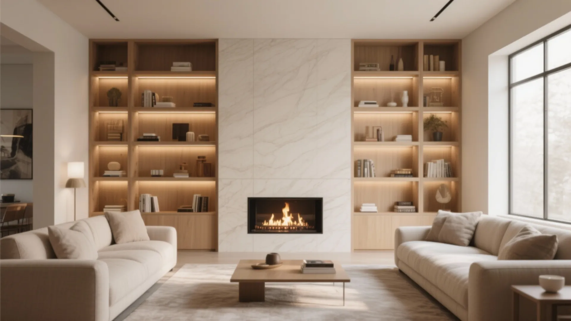 Modern living room featuring symmetrical wooden bookshelves built around a white marble fireplace with fire
