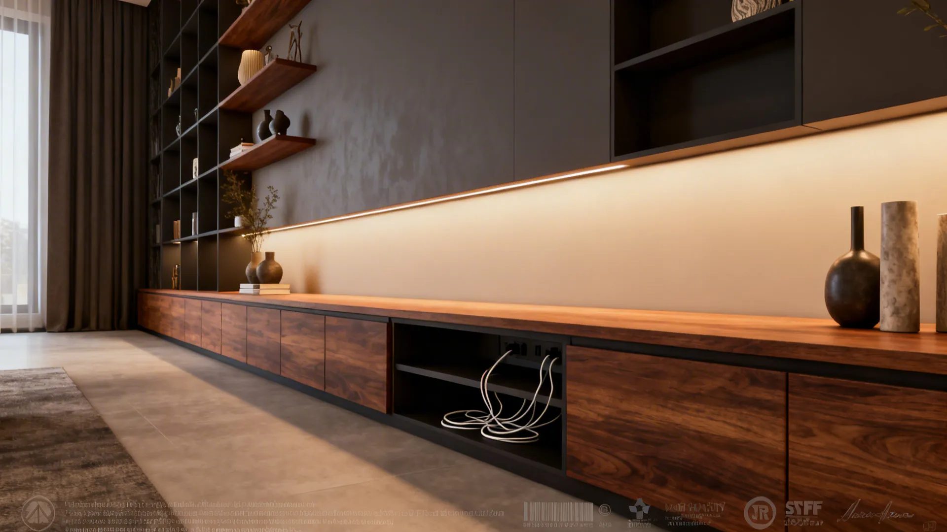 Continuous low built-in cabinets and open shelving along a long living room wall with integrated storage.