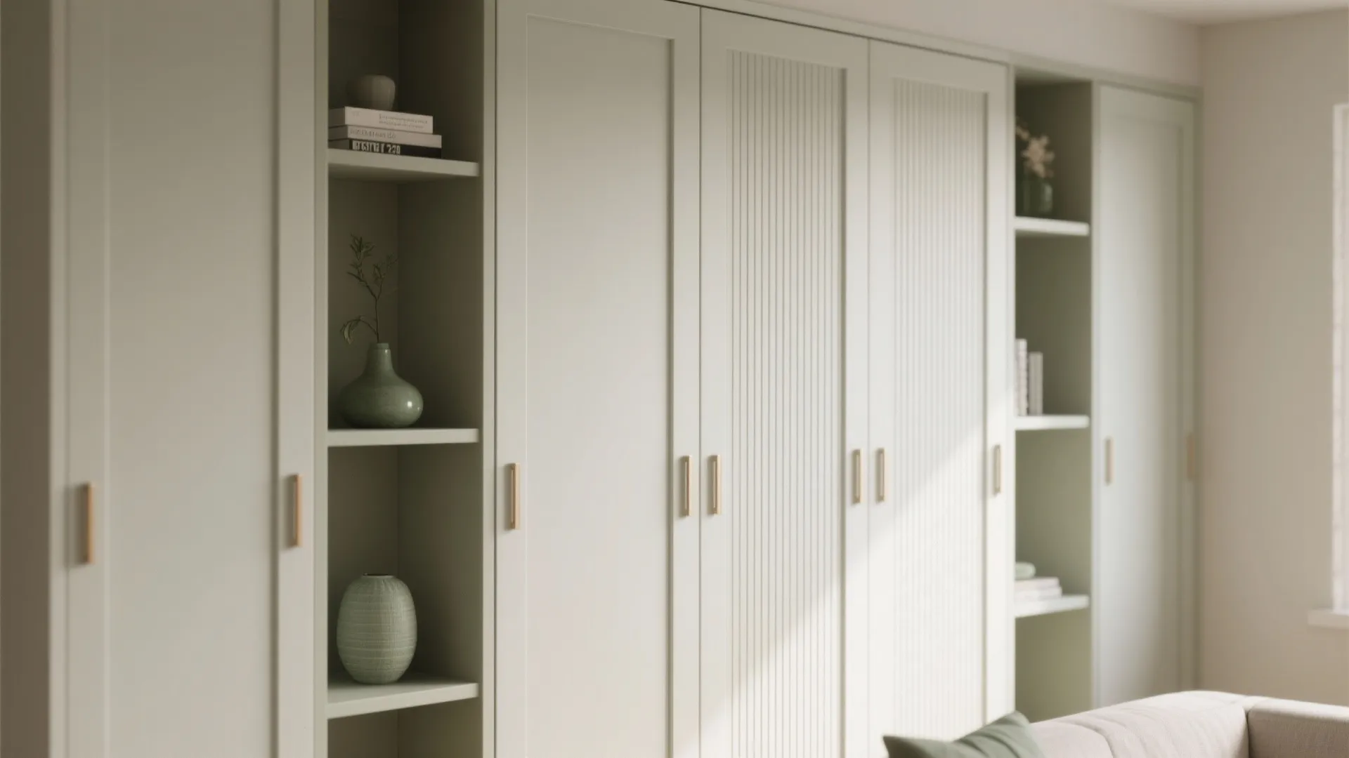 Modern light green wall cabinet with vertical lines gold handles and open shelves for home decor