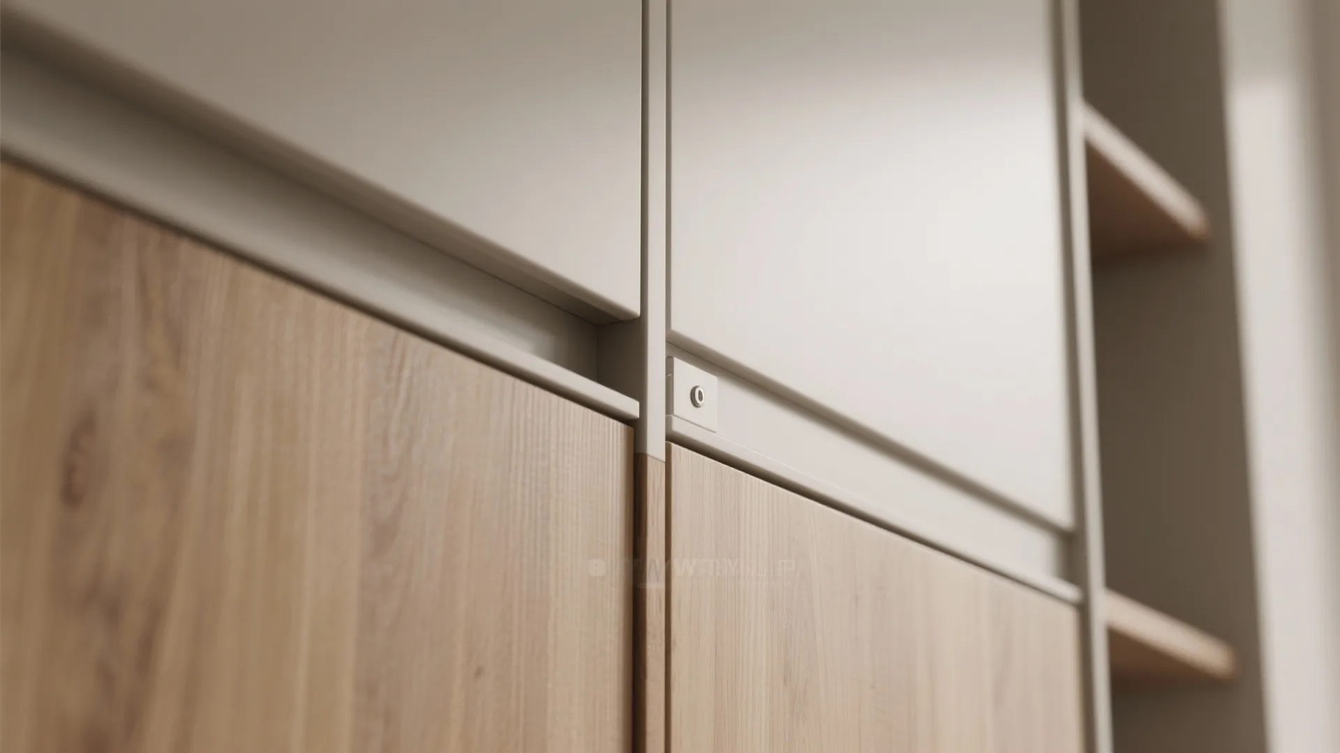 Close up of custom wooden cabinet doors with white panels and integrated minimalist door handle design