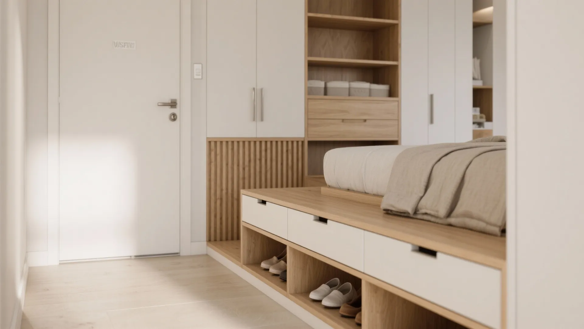 4) Built-ins that disappear: entry bench, platform bed, and loft storage