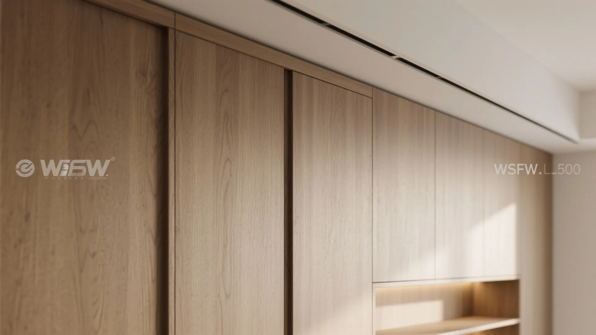 Close up view of wooden cabinet doors with clean lines and warm lighting on shelf