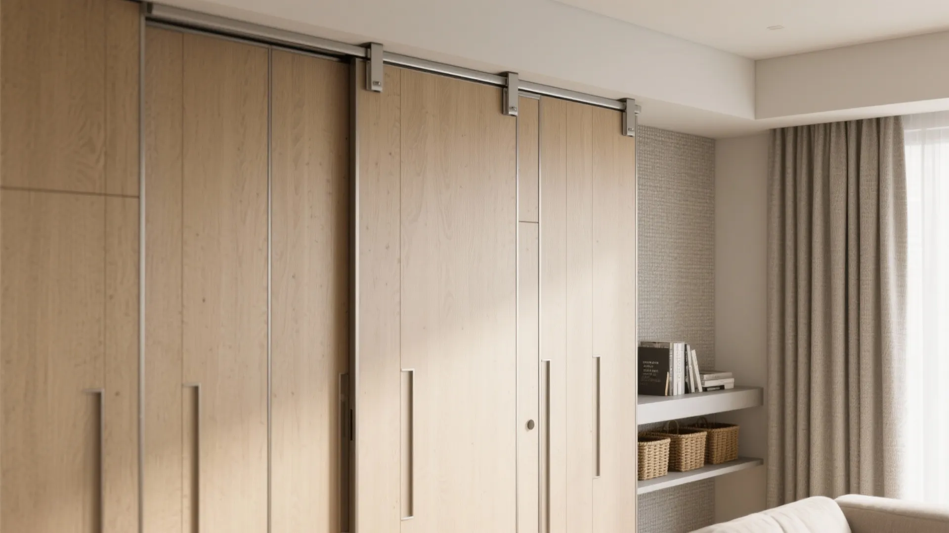 Close up of wooden sliding cabinet doors with metal track, shelves, baskets, and beige window curtains