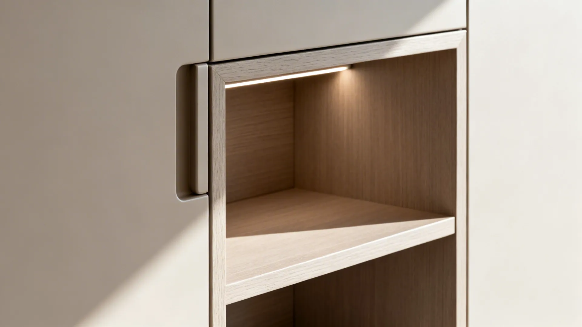 Macro of matte cabinet door with integrated pull and lit wood niche detail.