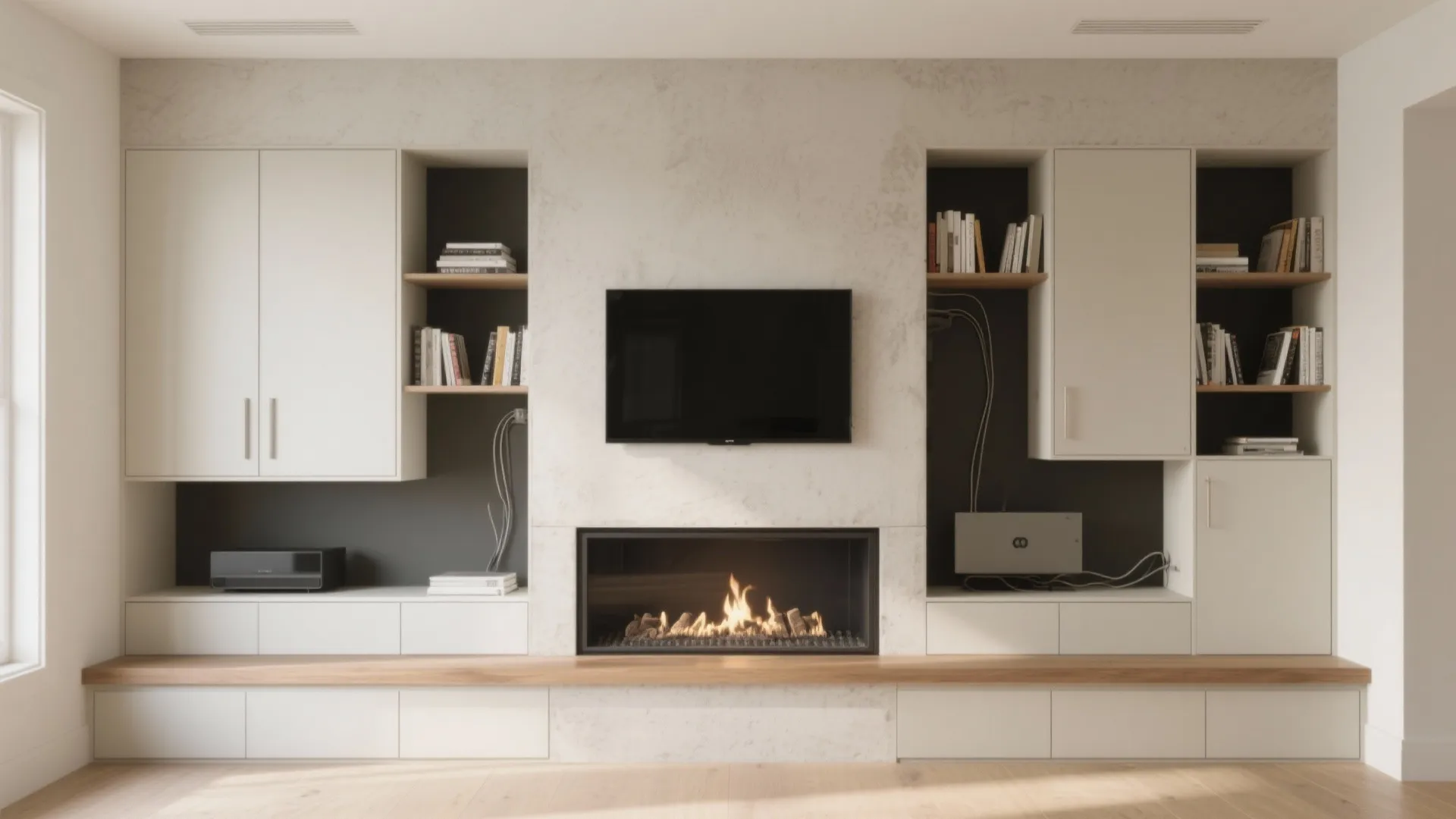 Build in smart storage around the mantel (and hide the media)