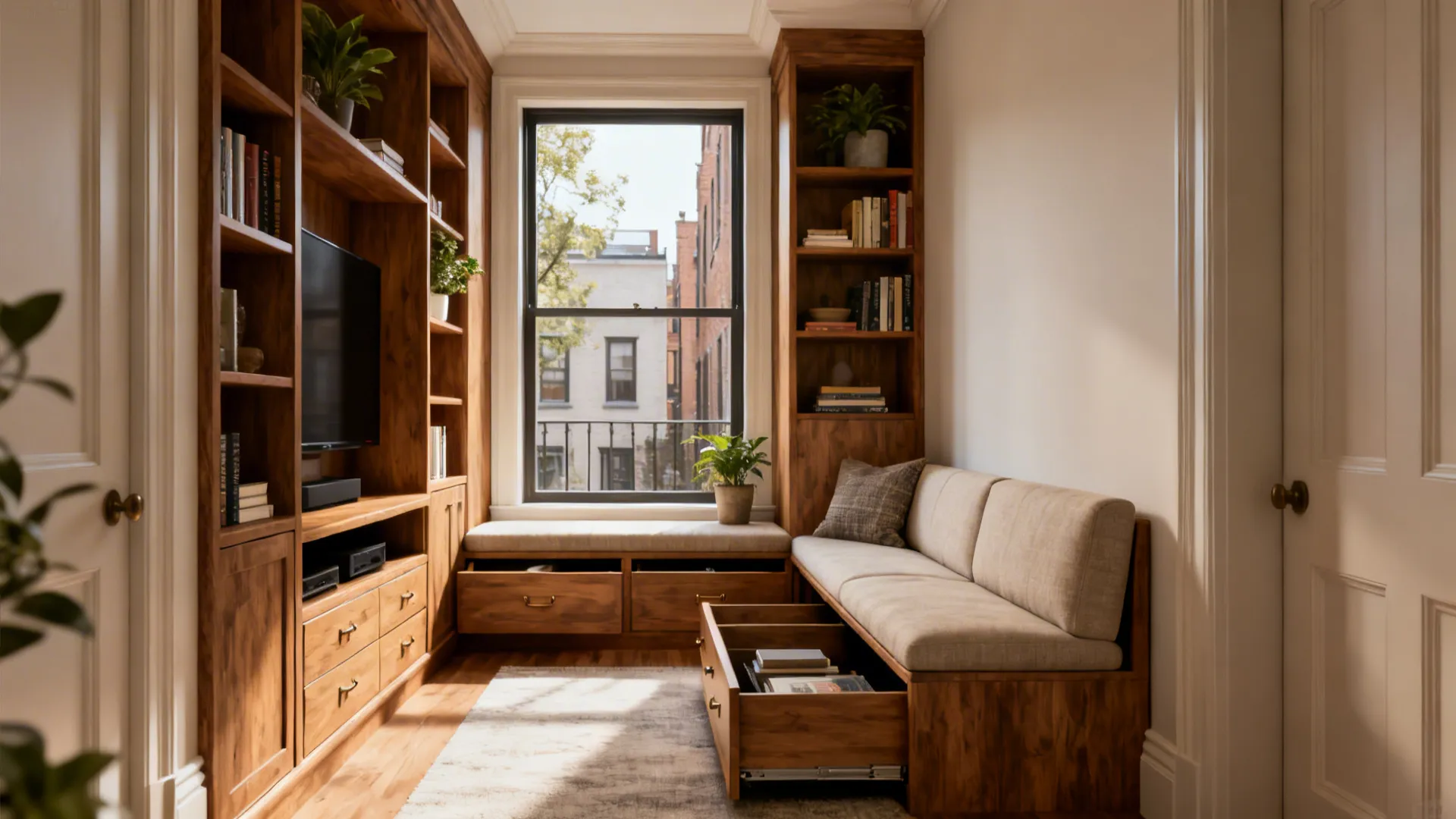 Window seat with hidden storage and shallow built-in shelves optimizing a narrow townhouse living room.