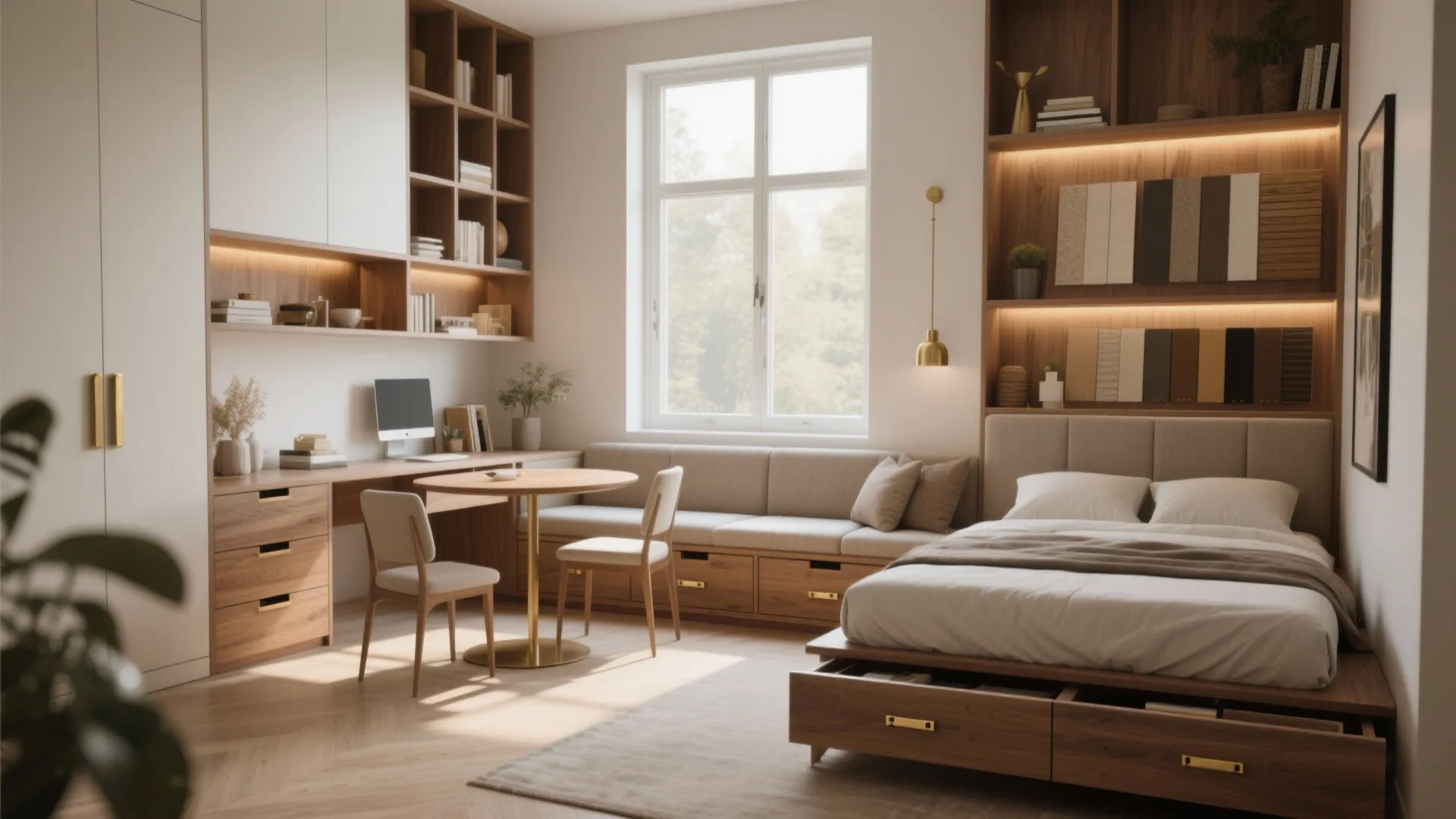 Modern bedroom with wooden desk, bed, built-in shelving, small round table, and a bright window