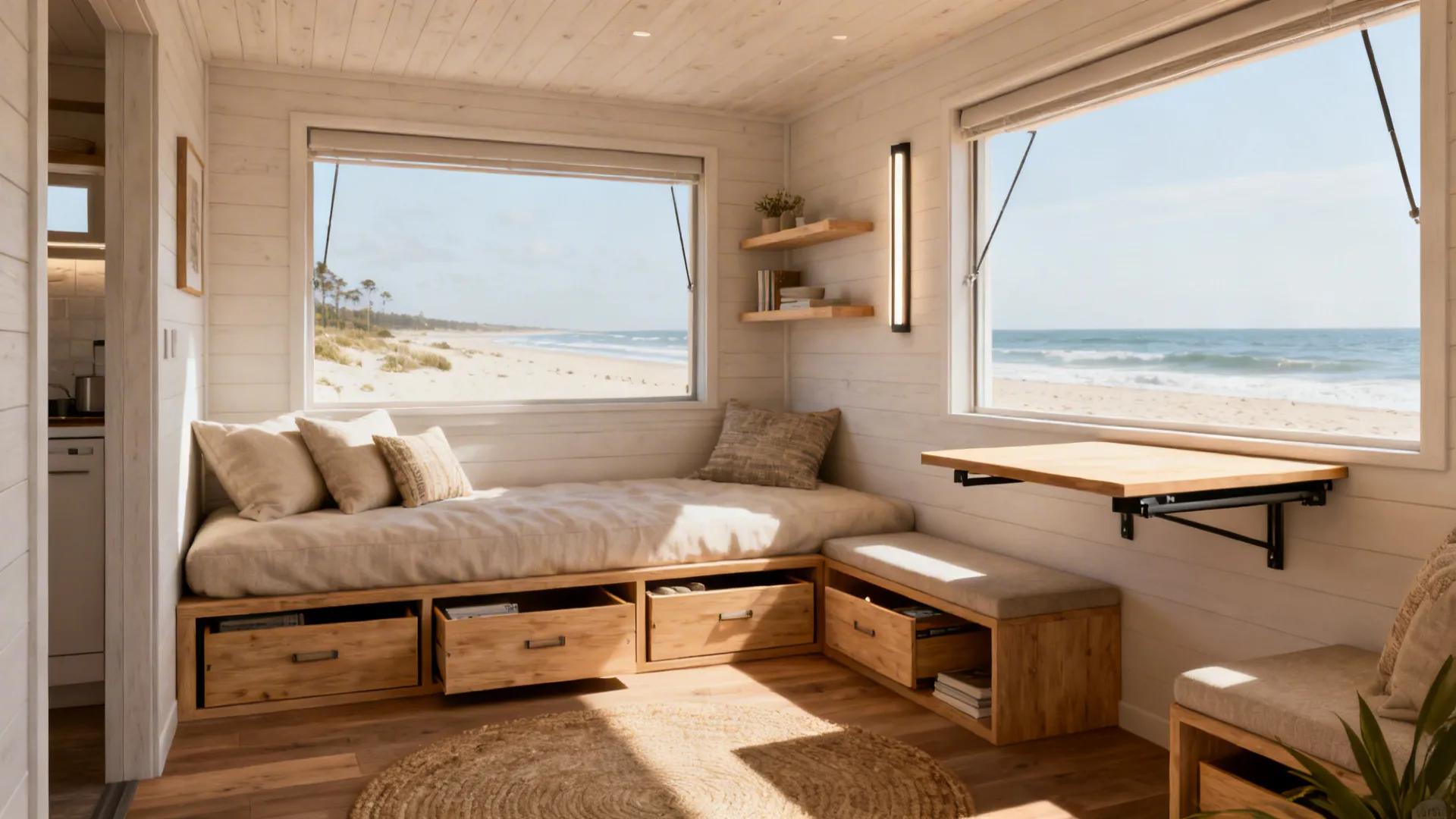 Compact living area with daybed storage, built-in bench seating and a fold-down table.