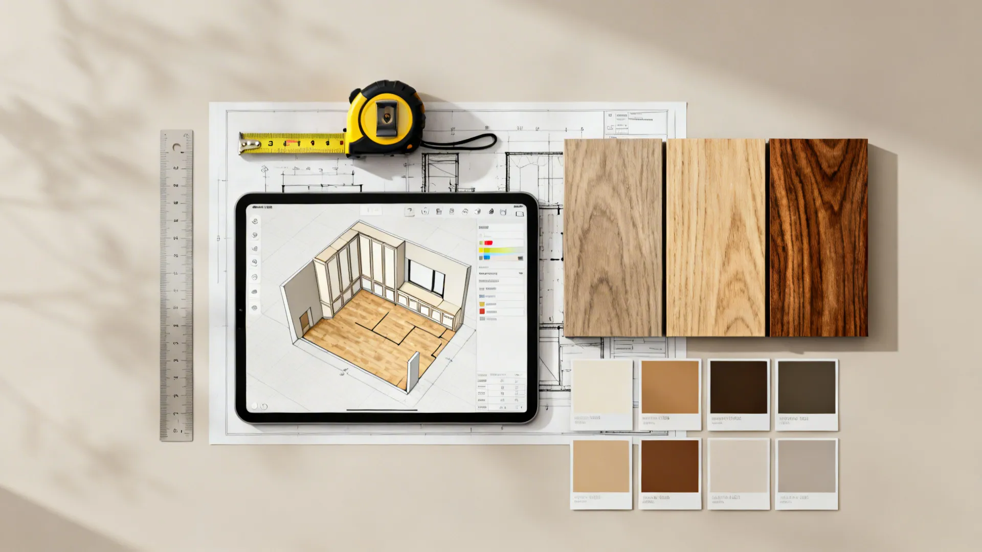 Top-down flatlay of tools and samples used to plan built-in shelving proportions and sightlines