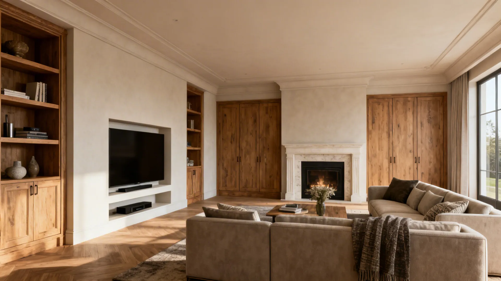 Living room with built-in cabinets flanking a fireplace and a recessed TV niche integrated into the composition.