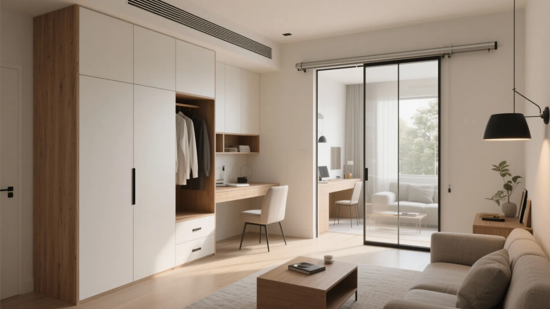 Living room with top-hung sliding glass partition and floor-to-ceiling built-in storage.