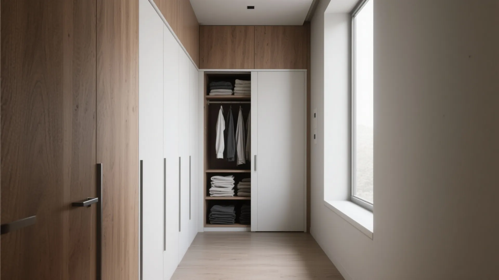 Narrow walk-in closet with white sliding doors wood wall panel and large window for light