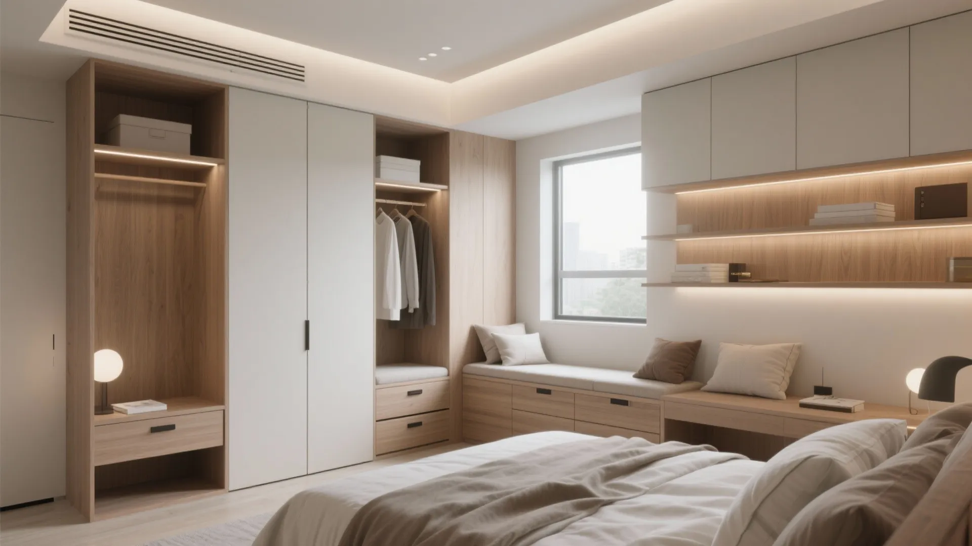 Modern bedroom with wooden cabinet storage white wardrobe window seat with pillows and warm lighting