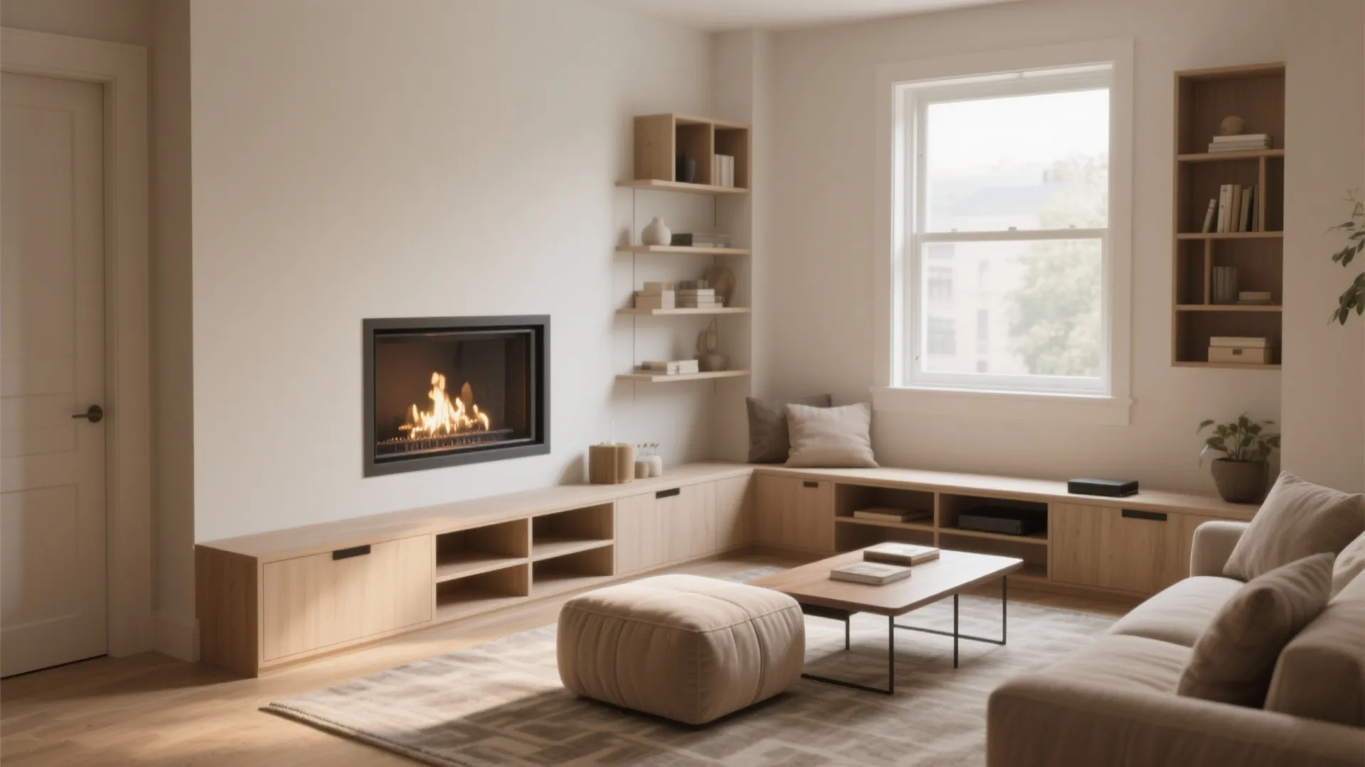 Living room featuring a built in fireplace wooden cabinet storage shelves and a beige footrest