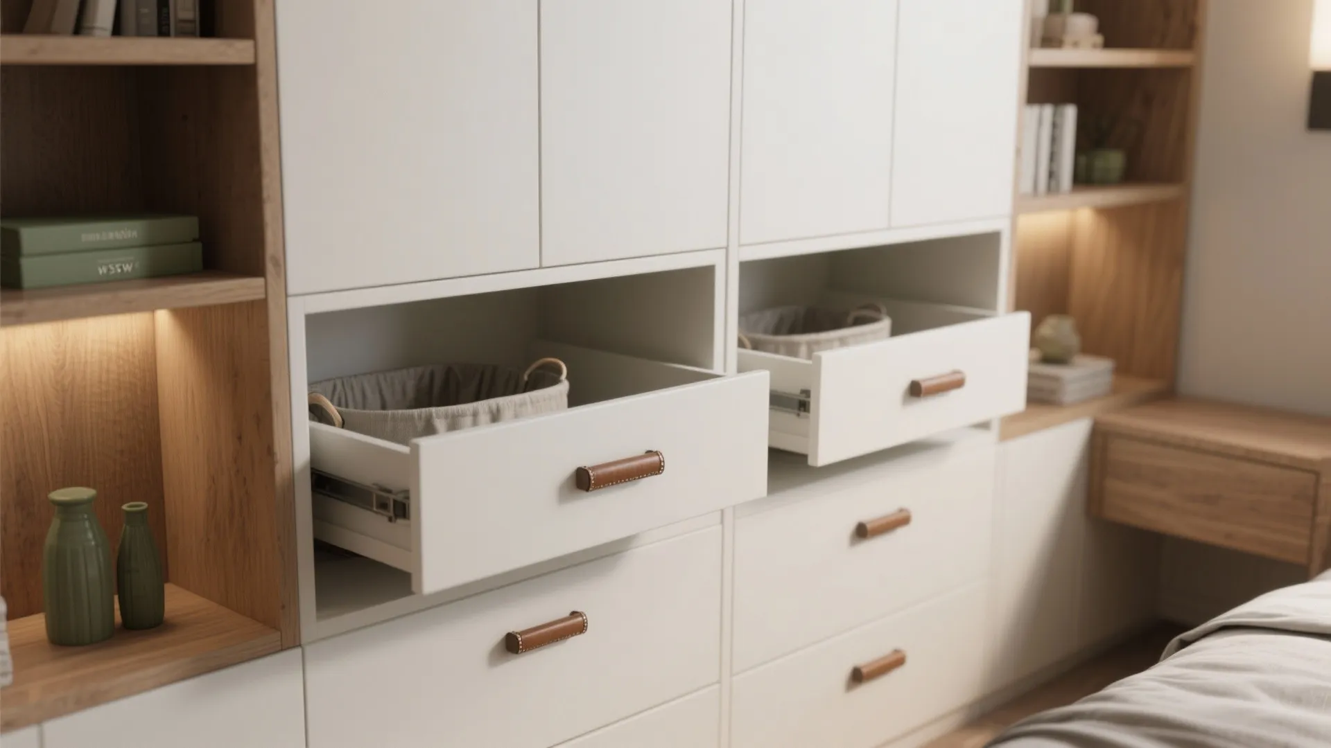 Close-up of built-in bedroom storage with recessed cubbies, drawers, and hidden hamper, showing materials and hardware.