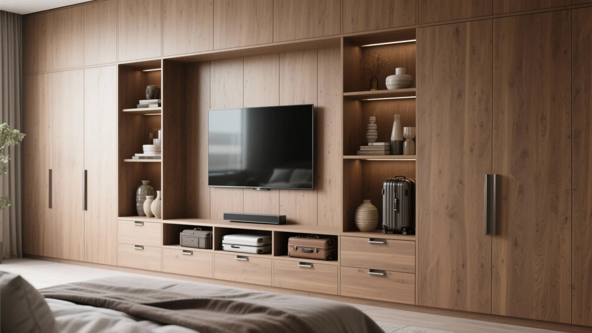 Built-in floor-to-ceiling cabinets around a TV with open shelves and closed storage for luggage and linens.