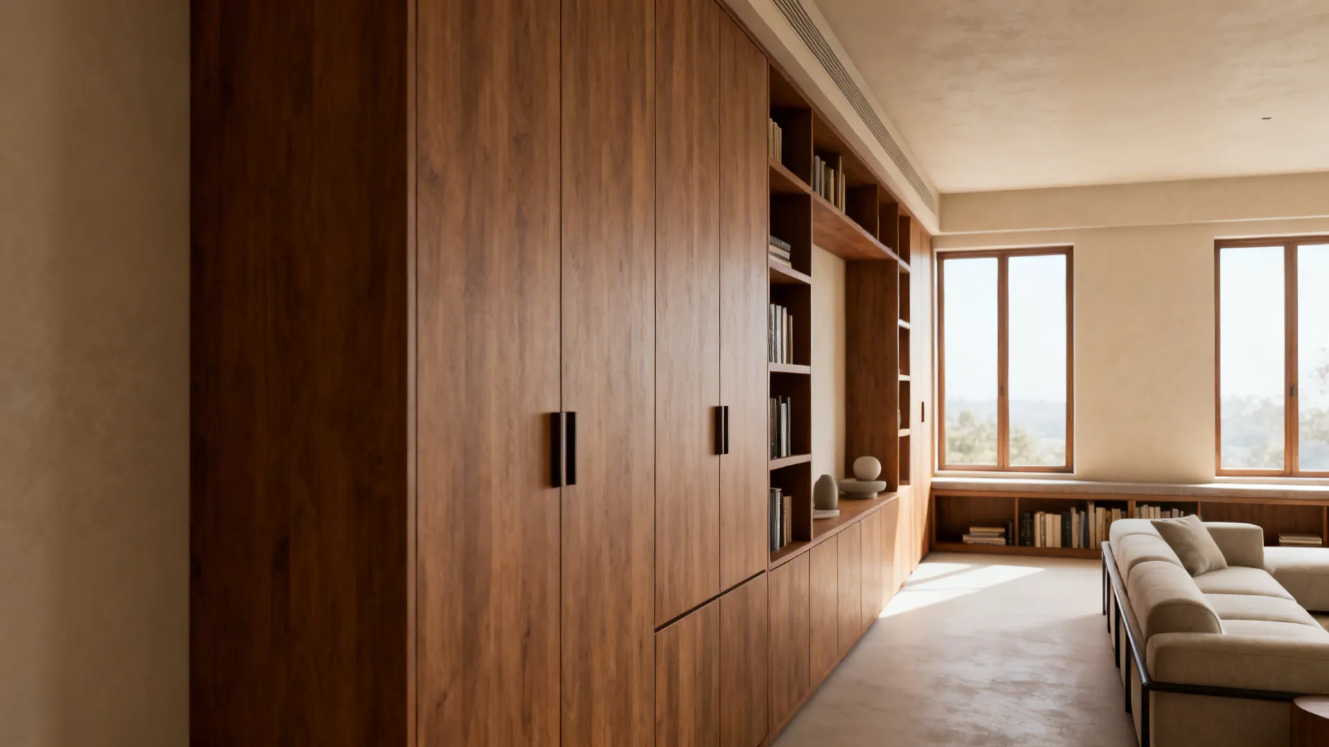 Built-in storage units along a short end and beneath windows creating continuous lines and hidden storage.
