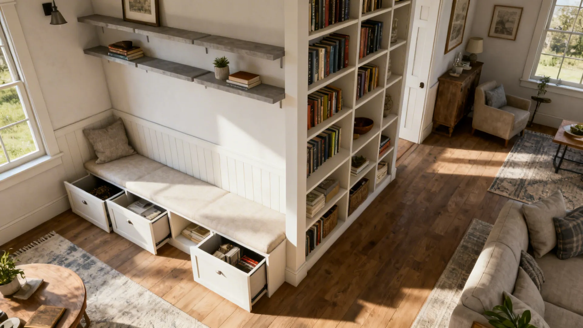 Small living room with built-in bench storage, floating shelves, and a floor-to-ceiling bookcase room divider.