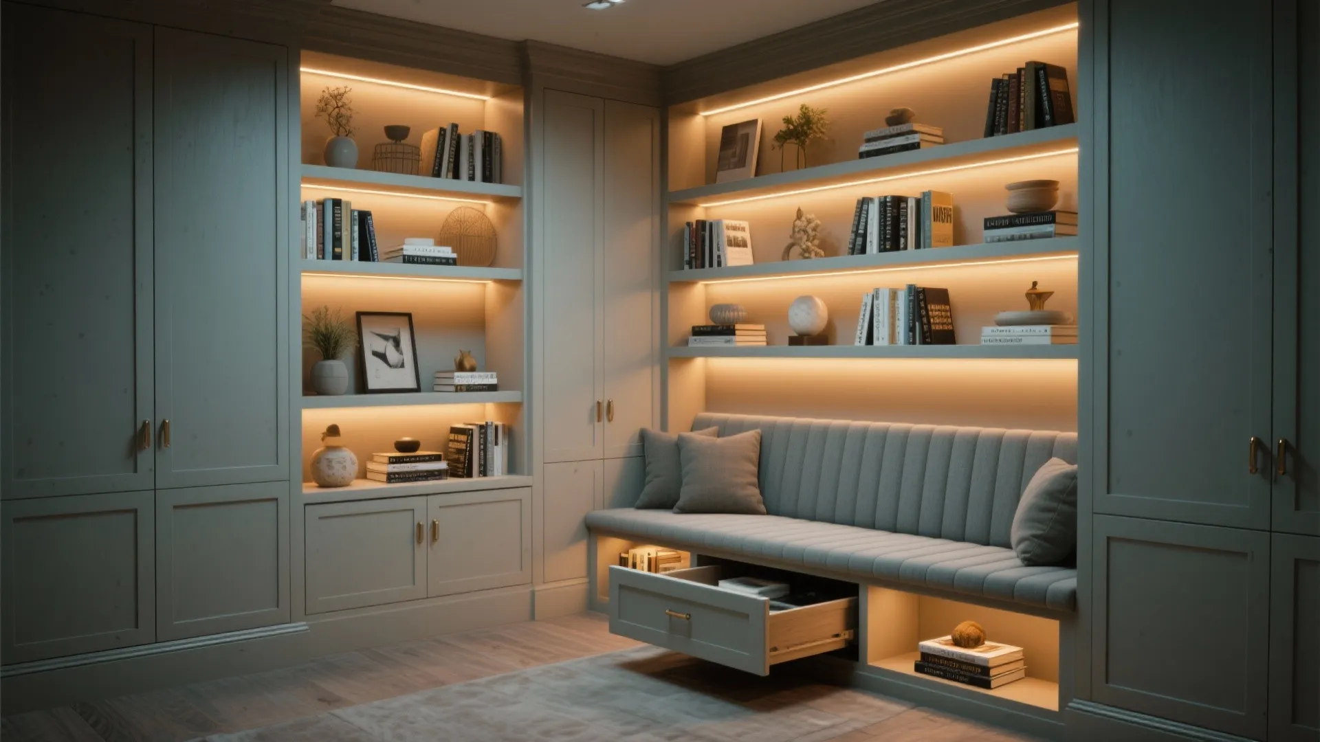 Custom built-in shelves and bench seating with integrated lighting in a basement.