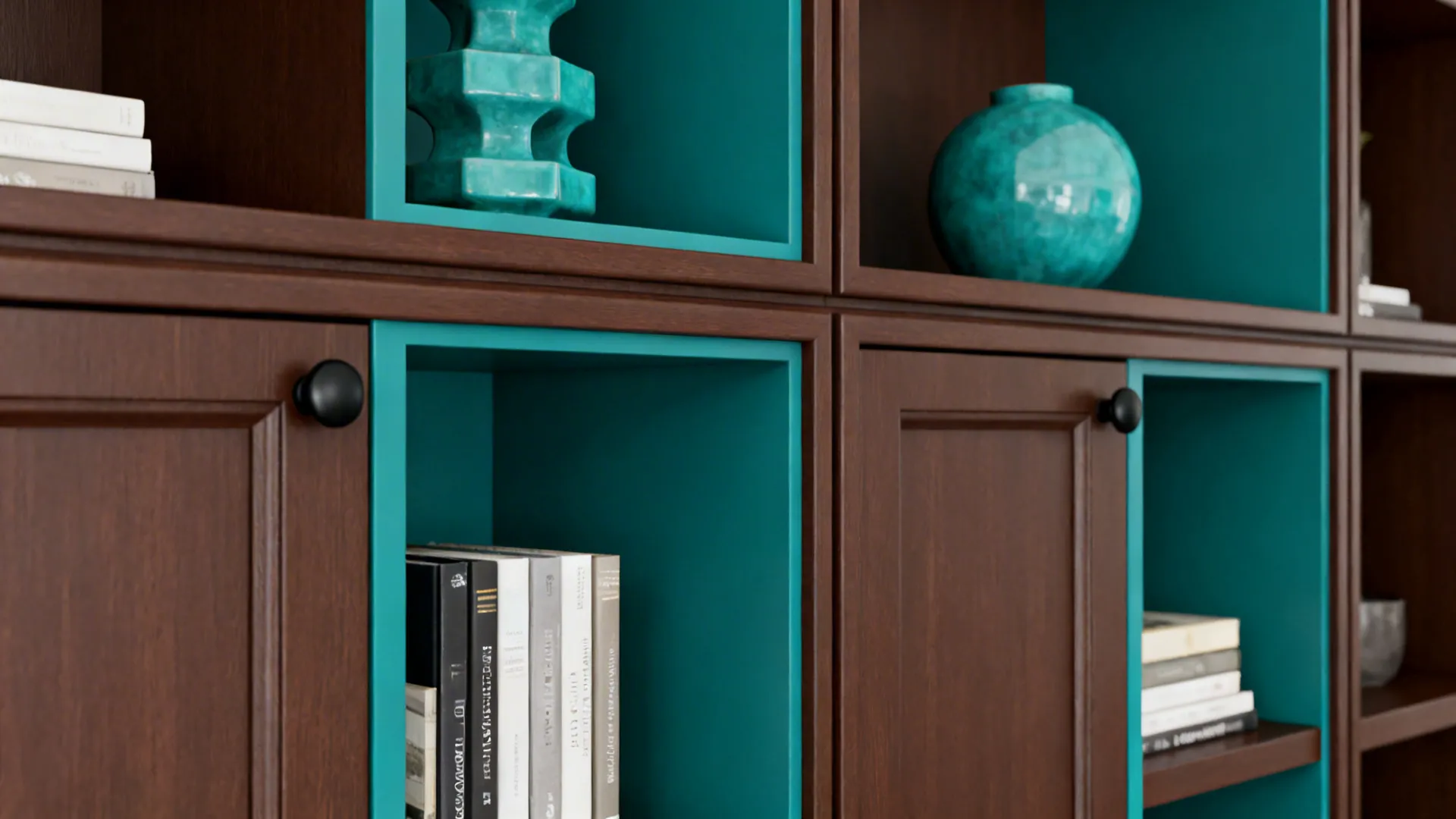 Dark wood cabinet with teal interior shelves holding books and round blue vases for storage
