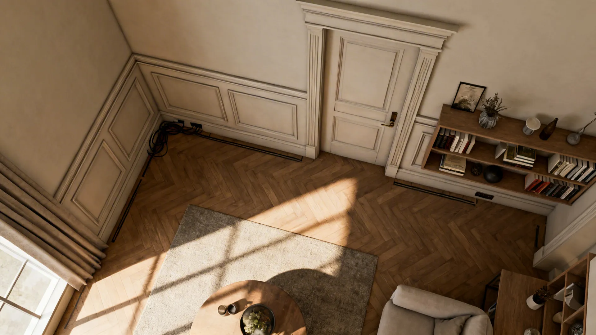 Top-down view of shallow built-ins with inset doors and integrated shelving freeing up floor space.
