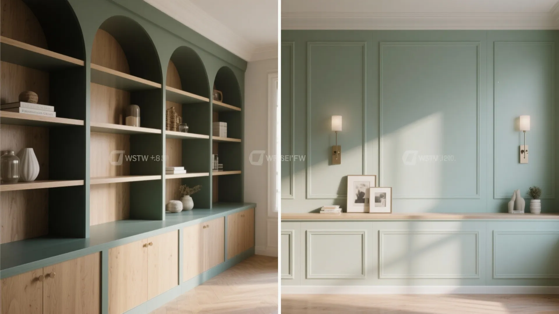 Green built-in cabinet with arched shelves and wall panel design beside two simple wall lights