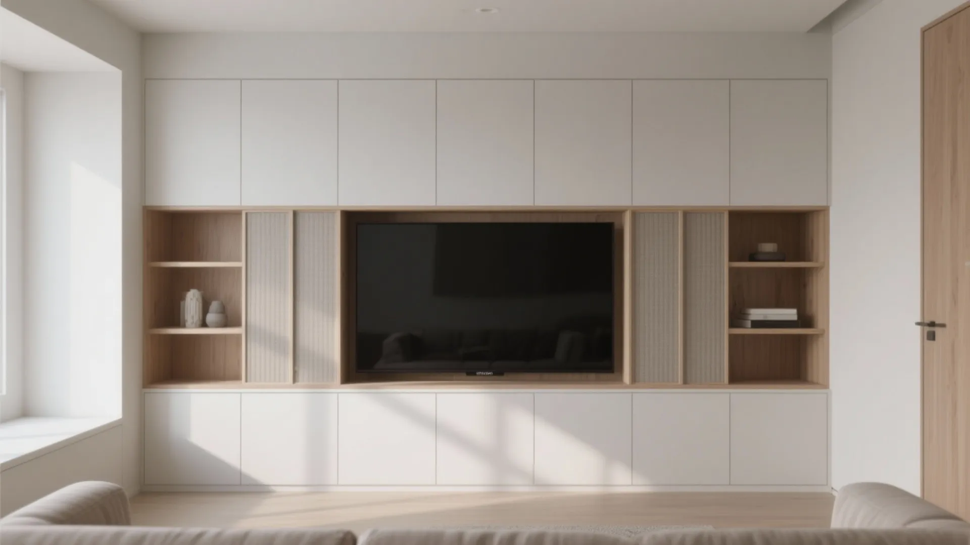 Living room interior design drawing featuring a television integrated into a white custom wall cabinet